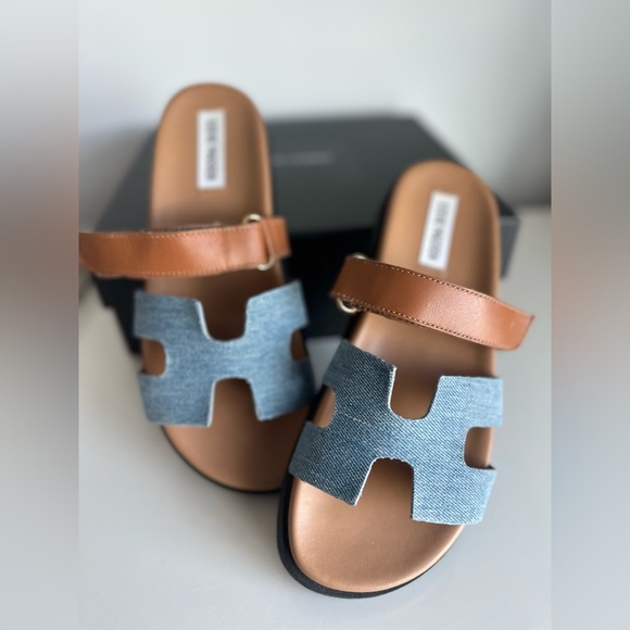 Steve Madden Shoes - Steve Madden Brown Leather and Light Blue Denim Slide Sandals
